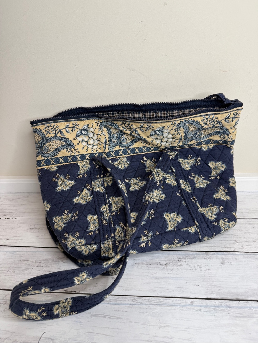 Quilted Floral Tote Bag in Navy and Cream